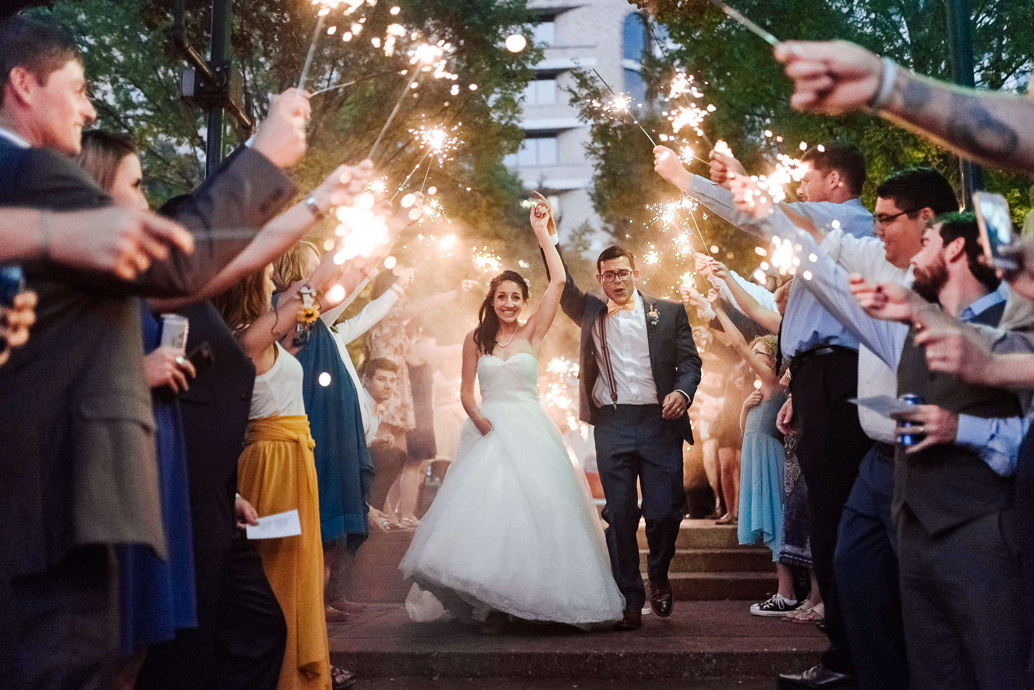 sparkler exit at downtown chattanooga wedding at waterhouse pavilion by nashville wedding photographer sara bill photography
