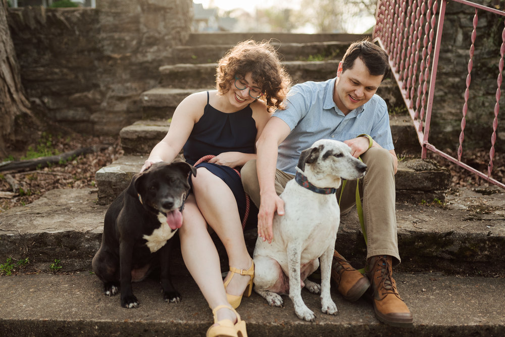 candid engagement session with dogs in 12 south nashville at golden hour by nashville wedding photographer sara bill photography