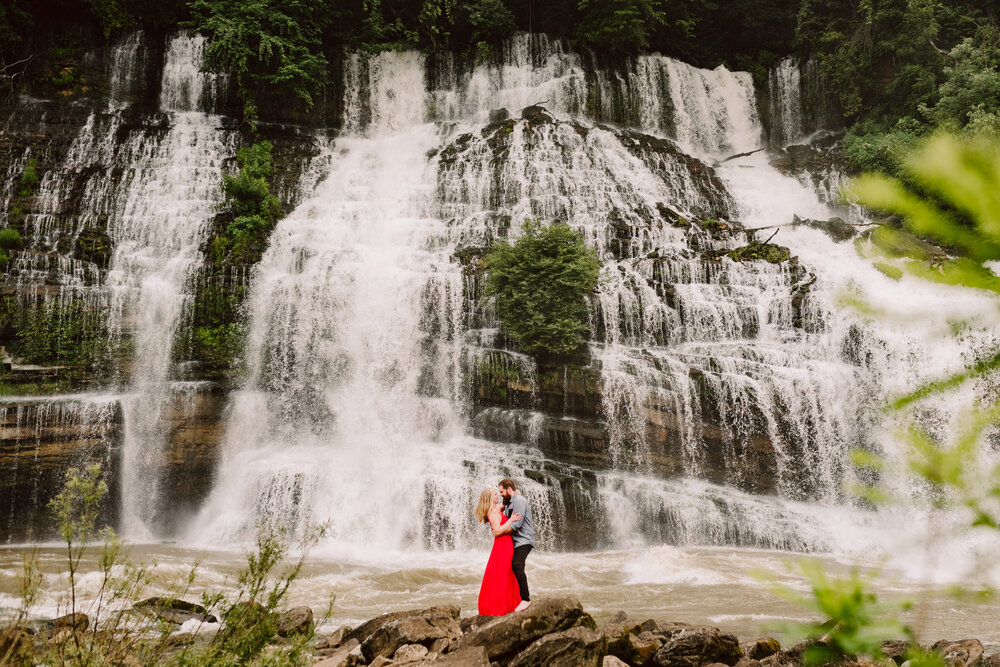 adventurous engagement photos at twin falls at rock island state park by nashville wedding photographer sara bill photography