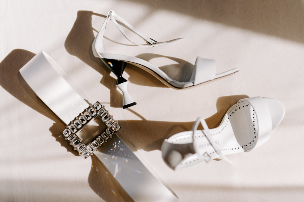 white dove barn details belt and badgley mischka bridal shoes