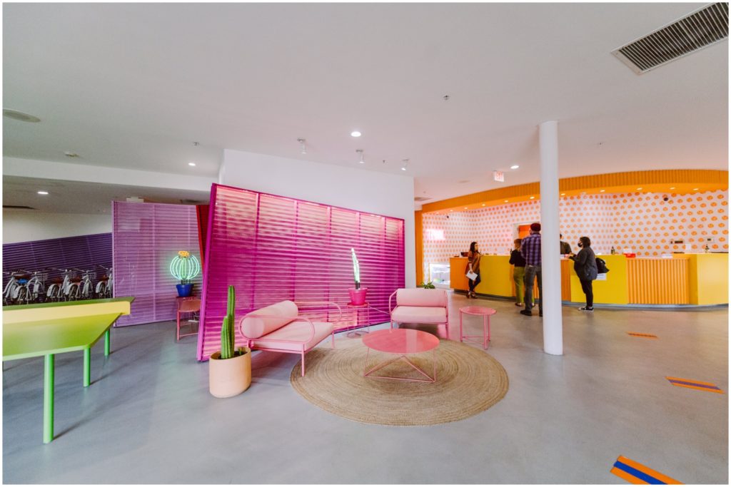 bright colorful lobby space at hotel saguaro